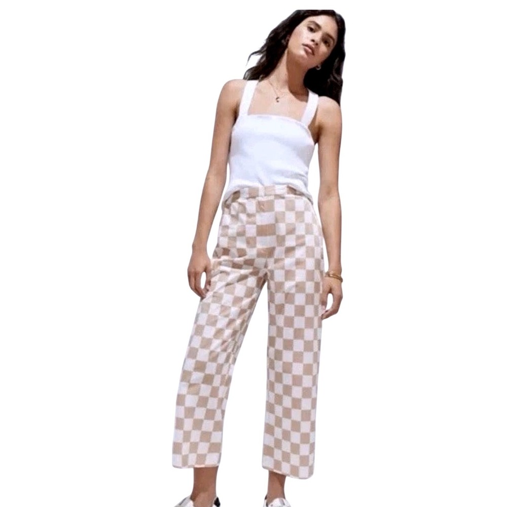 Anthropologie Hutch Checkerboard Straight Leg Pants Tan White Neutral Size 6 NEW